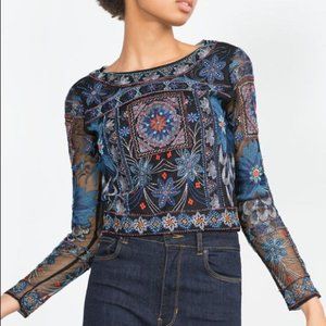 Zara Embroidered Beaded Sheer Black Crop Top Sz L